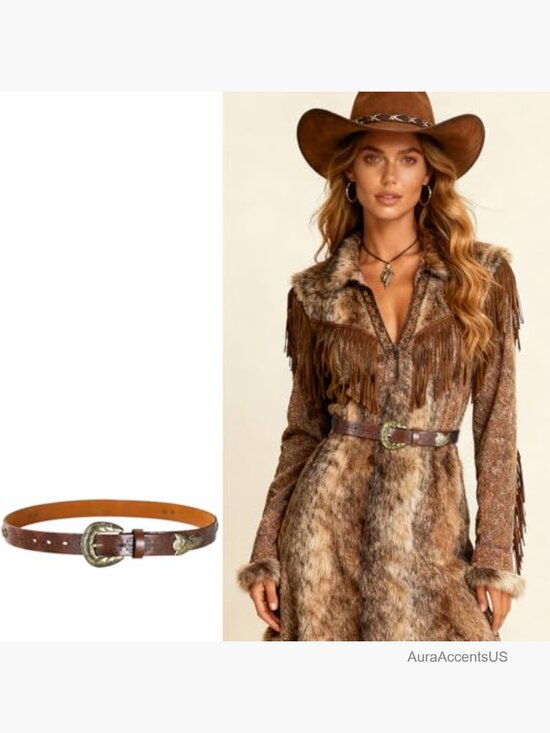 Western Cowgirl Belt with Vintage Buckle for Jeans - Faux Leather Medium Belt - main image 4